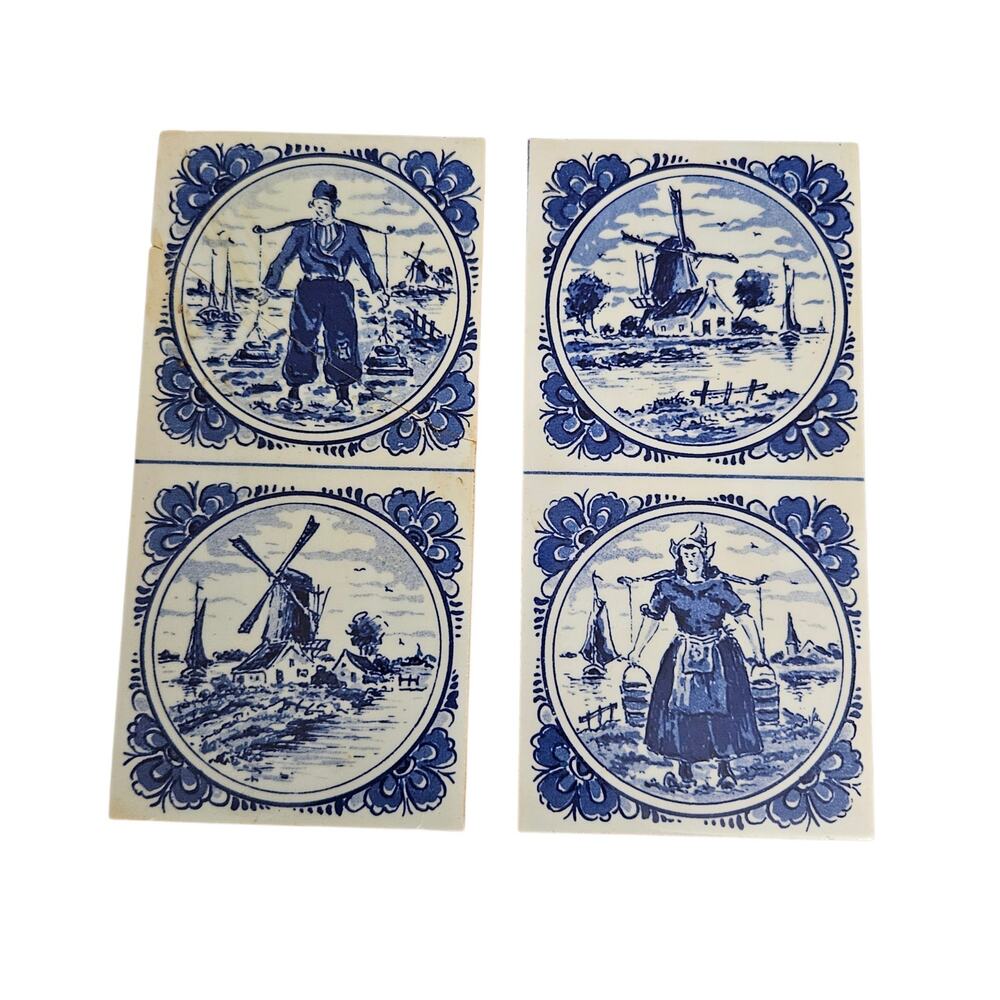 Vintage Delft Blue Ceramic Tile Pair Dutch Windmill Figures Holland